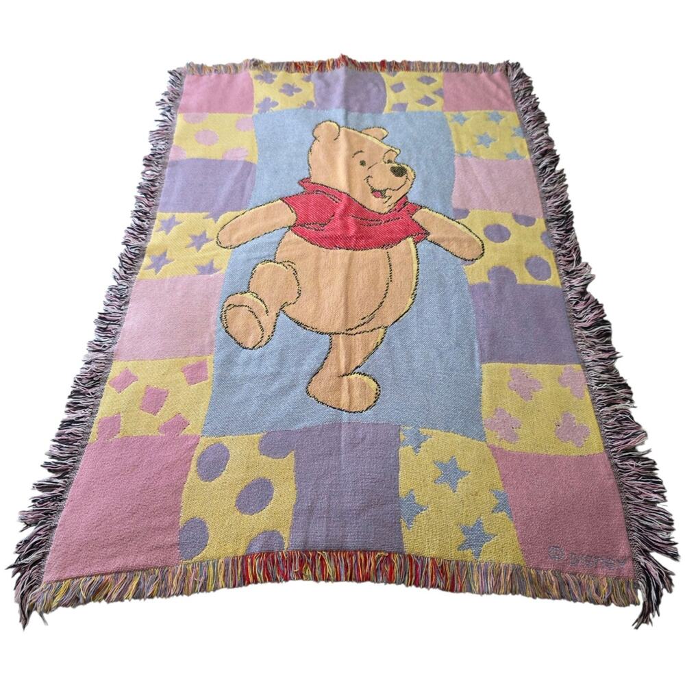 Vintage 90s Winnie the Pooh Disney Woven Baby Tapestry Throw Blanket 36"x46"